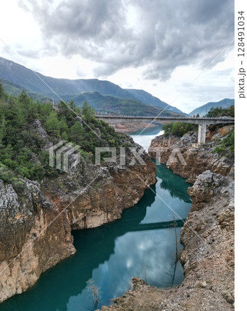 Turquoise River Gorge bridge drone view  128491034
