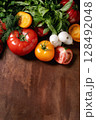 Fresh Vegetables Tomatoes Herbs Wooden Background 128492048
