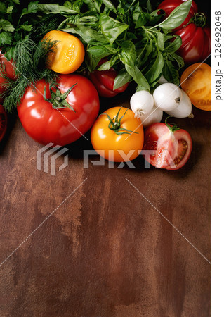 Fresh Vegetables Tomatoes Herbs Wooden Background 128492048