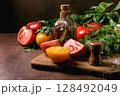 Fresh Tomatoes Herbs Oil Cutting Board 128492049