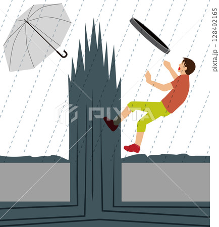 水害、豪雨と傘を差した人とマンホールが飛び吹き出す。雨水の危険のイメージイラスト 128492165