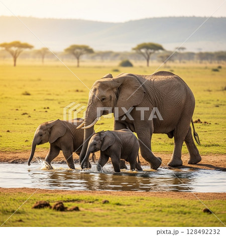 アフリカのサバンナを歩くゾウの親子｜夕暮れの穏やかな風景 128492232