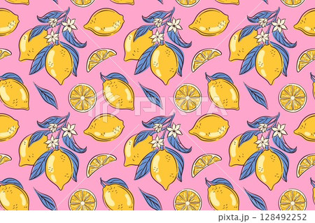 Seamless pattern with yellow lemon, green leaf, white flower on pink background in flat style. Perfect for summer packaging, textile, kitchen decor and fresh citrus themed design. Seamless pattern with yellow lemon, green leaf, white flower on pink background in flat style. Perfect for summer packaging, textile, kitchen decor and fresh citrus themed design. 128492252