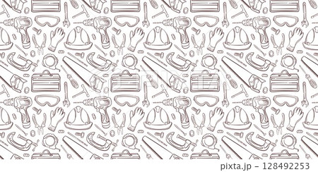 Seamless pattern with construction repair tool, safety gear and equipment in line art style. Ideal for workshop, background, hardware store packaging and industrial themed design. 128492253
