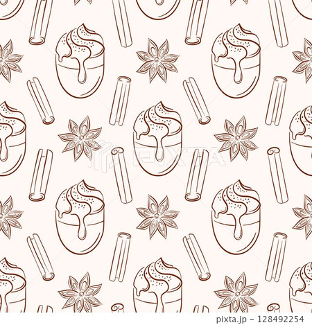Seamless pattern with cinnamon stick star anise and latte cup topped with cream and spice drawn in line art style. Perfect for delivery packaging, bakery decor and spice shop background. Seamless pattern with cinnamon stick star anise and latte cup topped with cream and spice drawn in line art style. Perfect for delivery packaging, bakery decor and spice shop background. 128492254
