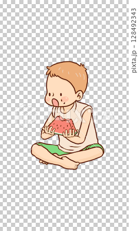 一個男孩盤腿坐吃西瓜 128492343
