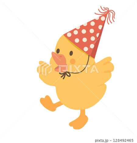 Cartoon Duckling Wearing Party Hat Illustration Cartoon Duckling Wearing Party Hat Illustration 128492465