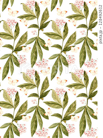 Green leaves, pink berries, butterflies watercolor seamless pattern isolated on white. Hand-painted perfect for wedding design, romantic packaging, home decor, stationery, and digital creative Green leaves, pink berries, butterflies watercolor seamless pattern isolated on white. Hand-painted perfect for wedding design, romantic packaging, home decor, stationery, and digital creative 128492612