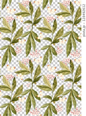 Green leaves, pink berries, butterflies watercolor seamless pattern isolated on white. Hand-painted perfect for wedding design, romantic packaging, home decor, stationery, and digital creative Green leaves, pink berries, butterflies watercolor seamless pattern isolated on white. Hand-painted perfect for wedding design, romantic packaging, home decor, stationery, and digital creative 128492612