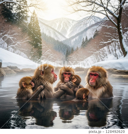 温泉の中で寄り添うニホンザルの家族｜自然の中で温かい交流 128492620