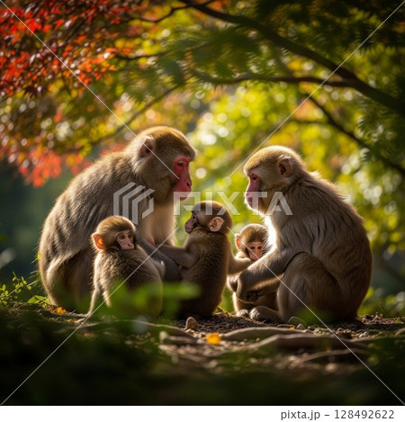 森の中で寄り添うニホンザルの家族｜自然の中で温かい交流 128492622