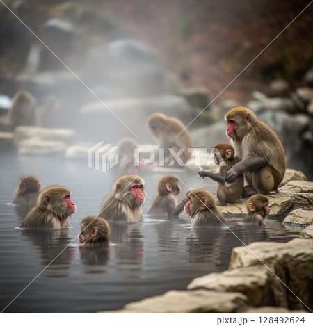 温泉の中寄り添うニホンザルの家族｜自然の中で温かい交流 128492624