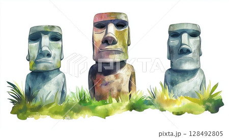 Easter Island - Rapa Nui. Easter Island - Rapa Nui hand drawn watercolor illustration Easter Island - Rapa Nui. Easter Island - Rapa Nui hand drawn watercolor illustration 128492805