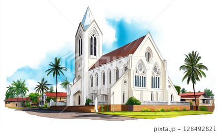 Georgetown St. Georges Cathedral. Georgetown St. Georges Cathedral watercolor illustration 128492821