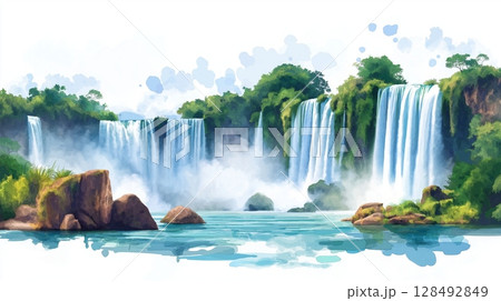 Iguazu Falls. Iguazu Falls hand drawn watercolor illustration 128492849