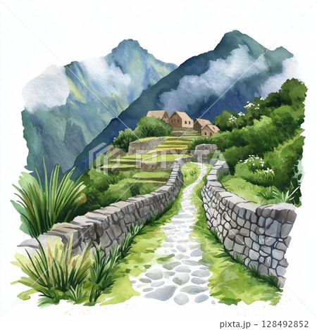 Inca Trail. Inca Trail hand drawn watercolor illustration 128492852