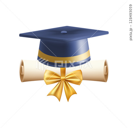 3d diploma scroll with graduate hat. Vintage roll paper 3d diploma scroll with graduate hat. Vintage roll paper 128493059