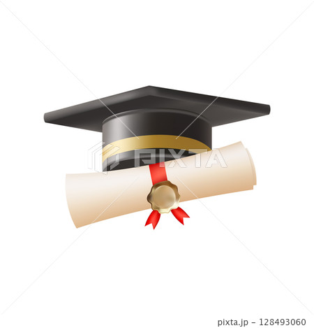 3d diploma scroll with graduate hat. Vintage roll paper 3d diploma scroll with graduate hat. Vintage roll paper 128493060