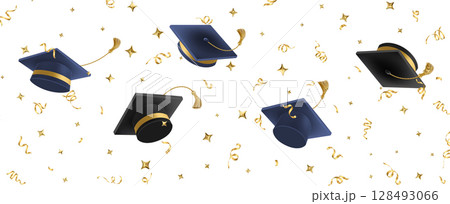 Graduates celebration. 3D Flying black graduate hat Graduates celebration. 3D Flying black graduate hat 128493066