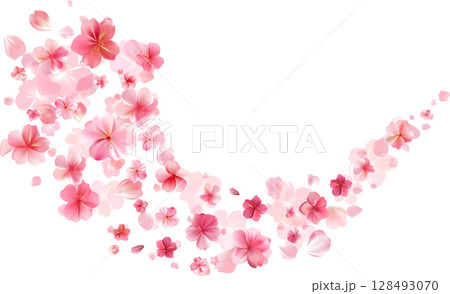 Delicate light pink sakura flowers flow. Wind swirls Delicate light pink sakura flowers flow. Wind swirls 128493070