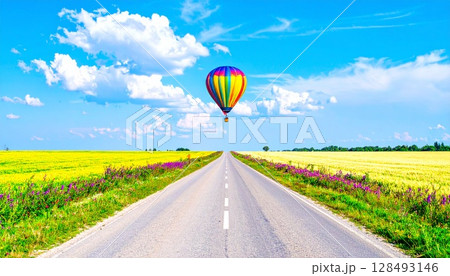 一本道の向こうに気球が浮かんでいる 一本道の向こうに気球が浮かんでいる 128493146