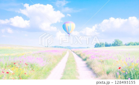 一本道の向こうに気球が浮かんでいる 128493155