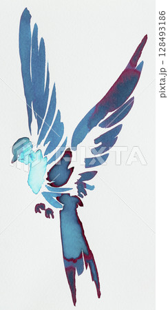 Colorful ink illustration of a bird in flight with detailed wings and expressive form 128493186