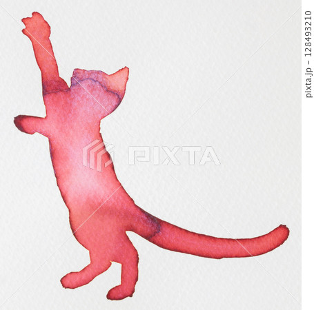 Red ink silhouette of a playful cat reaching for something in bright artistic design 128493210