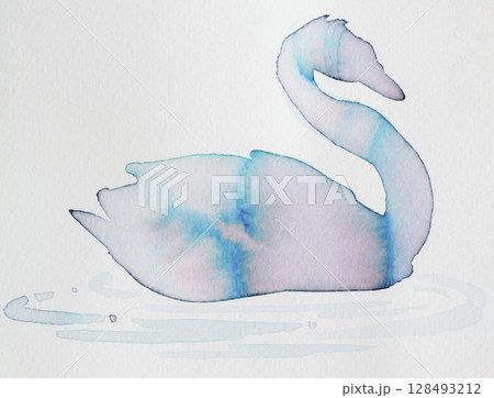 Elegant watercolor depiction of a swan gliding gracefully across a serene body of water 128493212