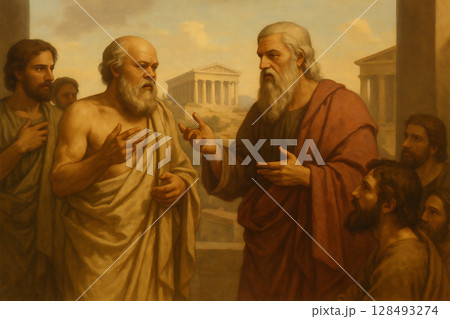 古代ギリシャの哲学者たちが対話する歴史的な絵画 128493274