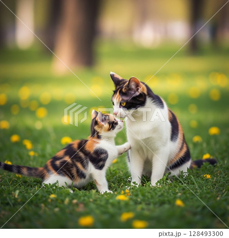 緑の公園でくつろぐ三毛猫・茶トラ猫の親子|穏やかな日常の風景 野良猫 日本猫 猫の習性 緑の公園でくつろぐ三毛猫・茶トラ猫の親子|穏やかな日常の風景 野良猫 日本猫 猫の習性 128493300
