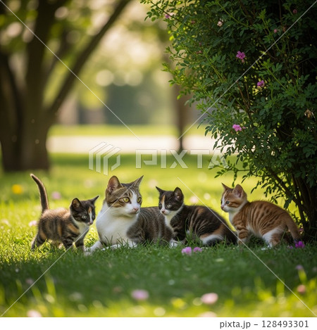 緑の公園でくつろぐ三毛猫・茶トラ猫の親子｜穏やかな日常の風景　野良猫　日本猫　猫の習性 128493301