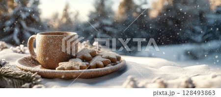 Cup of hot chocolate and cookies in snowy forest setting, winter cozy mood concept 128493863