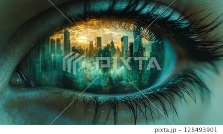 Eye reflecting futuristic cityscape at dawn, surreal concept 128493901