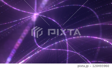 Vibrant purple and pink light trails forming an elegant, swirling abstract digital web on a dark background 128493960