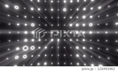 Glowing white dots and rings form a high-tech tunnel structure, with beams and blur effects creating depth and symmetry 128493962