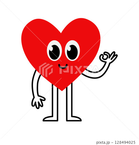 Cartoon heart character giving an okay sign. Red heart mascot approving with a gesture. Cartoon heart character giving an okay sign. Red heart mascot approving with a gesture. 128494025