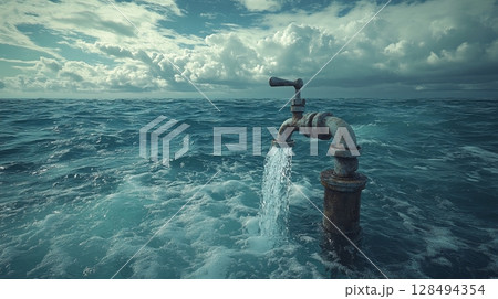 Water faucet floating in ocean with cloudy sky, surreal art concept 128494354