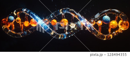 cosmic dna strand with glowing planets, futuristic concept 128494355