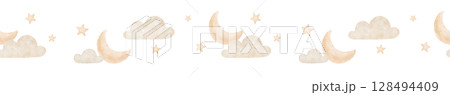 Seamless watercolor border with moon, star and clouds. Hand drawn illustrations, repeat background 128494409