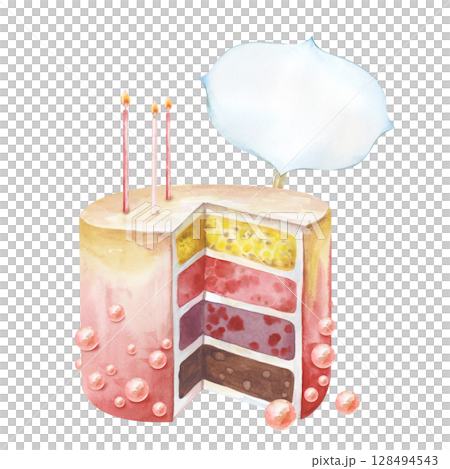 Celebration cake with colorful cakes, lighted candles and a congratulatory sign for the inscription is hand-drawn. Watercolor illustration isolated on a white background. A template for postcards and 128494543