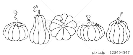 Pumpkin set. Different shapes of natural food. Simple black graphic, hand drawn in doodle style. Vector illustration of autumn vegetable, berry. Outline drawing for Thanksgiving, cards, invitations Pumpkin set. Different shapes of natural food. Simple black graphic, hand drawn in doodle style. Vector illustration of autumn vegetable, berry. Outline drawing for Thanksgiving, cards, invitations 128494547