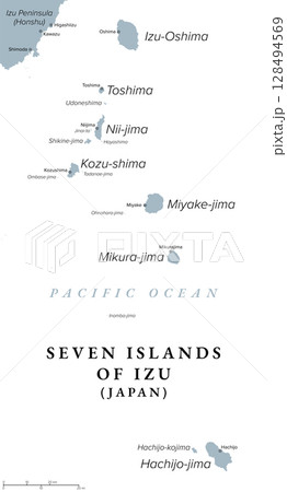 Seven Islands of Izu, Tokyo Prefecture, Japan, gray political map. The name comes from the fact that there were 7 main inhabited islands in the Izu Islands during the Edo period. Illustration. Vector Seven Islands of Izu, Tokyo Prefecture, Japan, gray political map. The name comes from the fact that there were 7 main inhabited islands in the Izu Islands during the Edo period. Illustration. Vector 128494569
