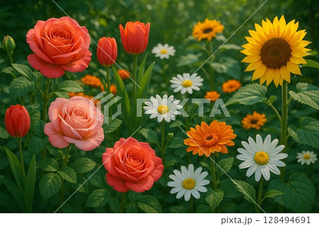色とりどりの花が咲き誇る癒しのガーデン風景 128494691