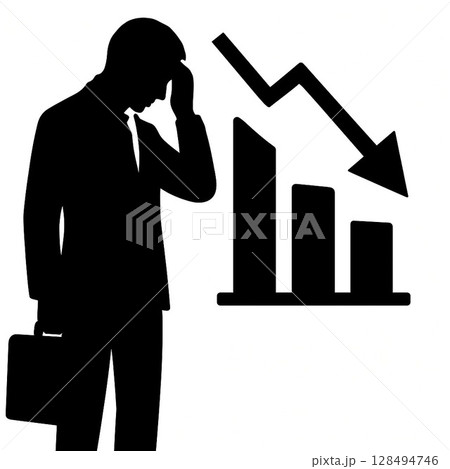 経済成長鈍化で悩むサラリーマンのシルエット 経済成長鈍化で悩むサラリーマンのシルエット 128494746