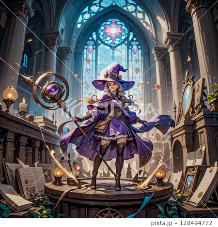 A beautiful sorceress in a purple robe. A beautiful sorceress in a hat and with a staff in a magic castle. 128494772