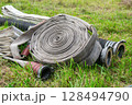 Fire hose rolled up on lawn, lying on grass 128494790