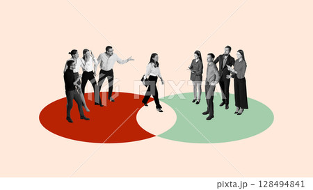 Collage-style confrontation and transition between two business teams 128494841