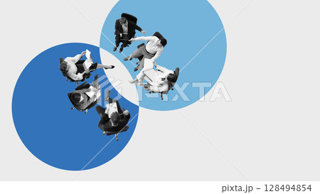 Conceptual collage of two employee groups meeting in overlapping circles as symbol of team integration Conceptual collage of two employee groups meeting in overlapping circles as symbol of team integration 128494854