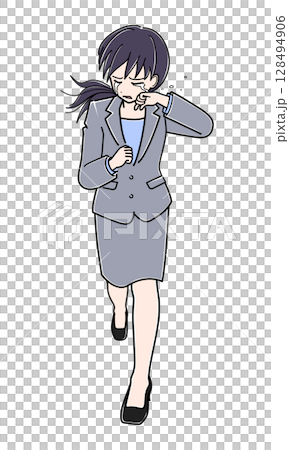An office lady in a suit running while crying 128494906